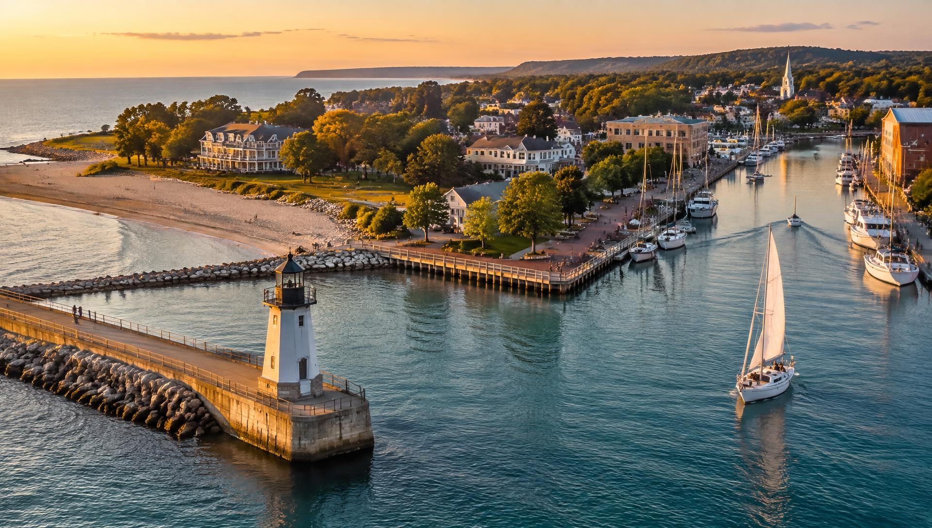 Sheboygan harbor and Lake Michigan waterfront at sunset